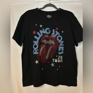 Womens Black & Red Sequin Rolling Stones Rocker Band‎ T-Shirt Tee Shirt Large